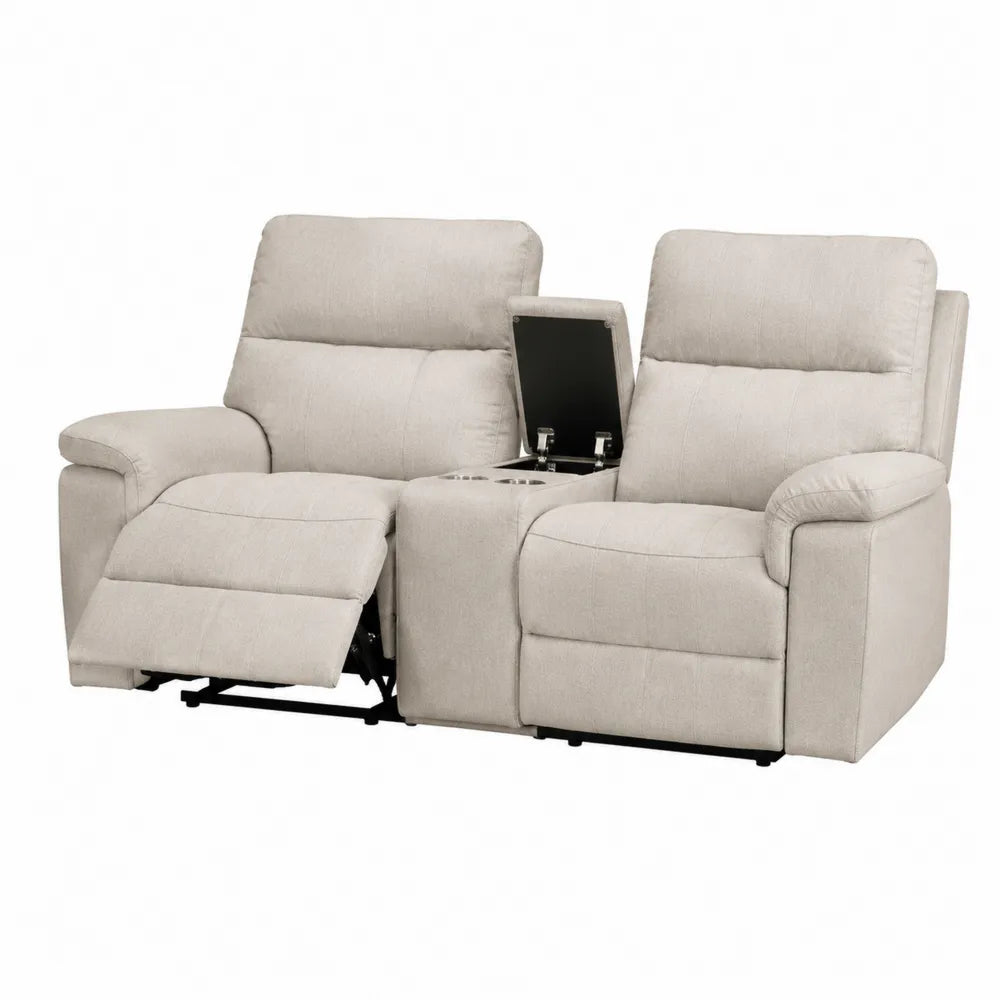Dwuosobowa sofa rozkładana z tkaniny poliestrowej, beżowa, z podłokietnikami i schowkiem, 182cm