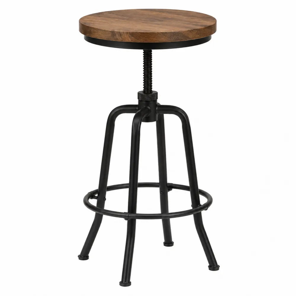 Taboret barowy drewno metal regulowany brązowy czarny