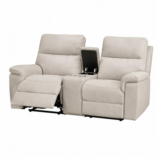 Dwuosobowa sofa rozkładana z tkaniny poliestrowej, beżowa, z podłokietnikami i schowkiem, 182cm