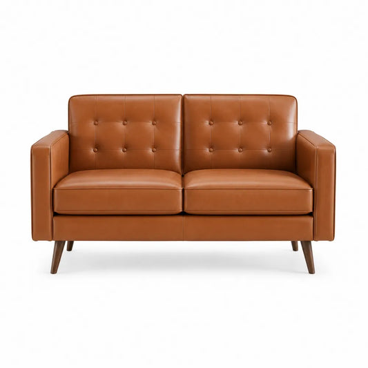 Sofa dwuosobowa z drewna bukowego z ekoskóry brązowa