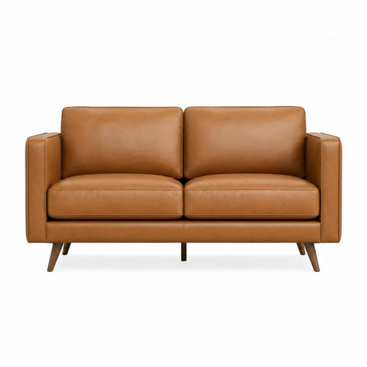 Sofa dwuosobowa skórzana brązowa z drewnianą ramą