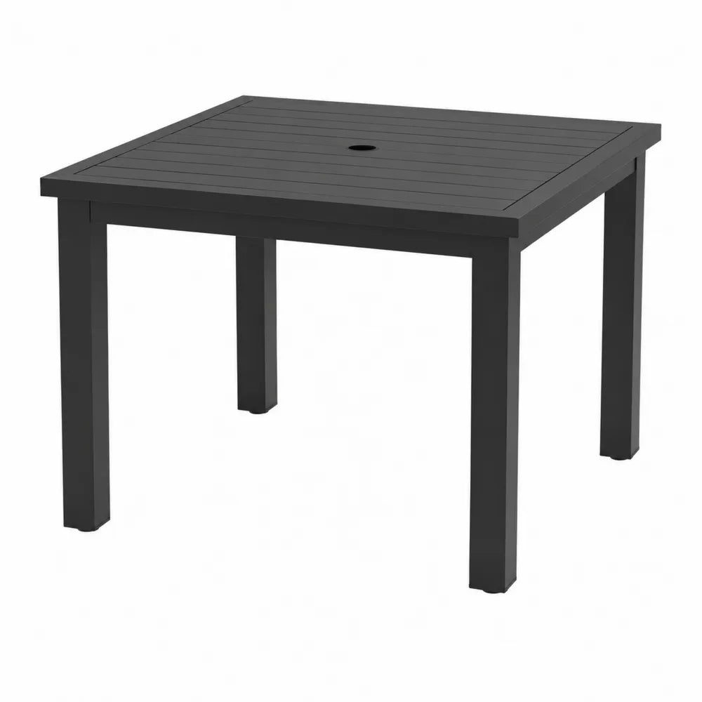 Czarny stół aluminiowy z otworem na parasol 90x90x74 cm