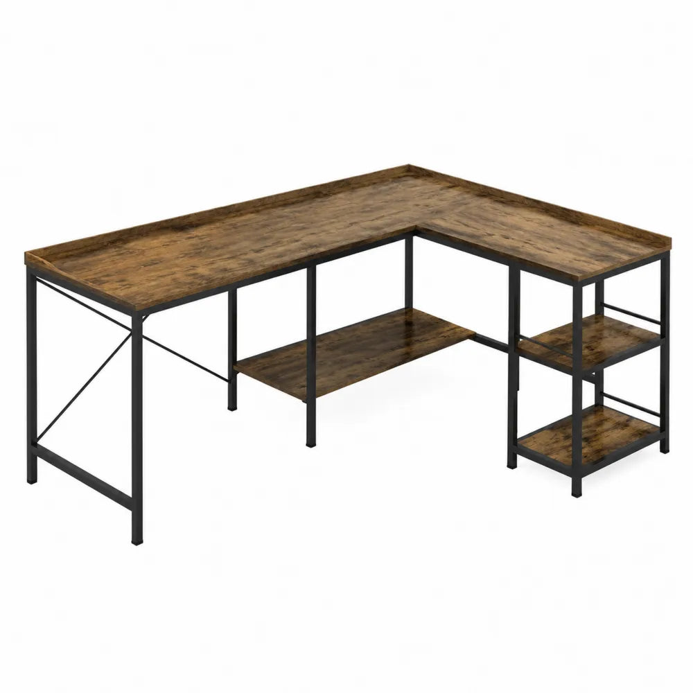 Biurko narożne z półkami drewno i metal 140x120x75 cm brązowy/czarny